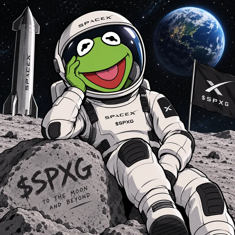 SpaceX Glitch mascot: an astronaut frog relaxing on the moon in a SpaceX suit, with Starship and Earth behind and a rock reading $SPXG, to the moon and beyond